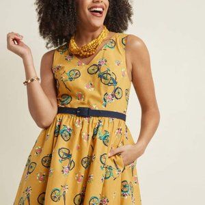 Modcloth Belted Sleeveless A-Line Dress in Bicycle Print